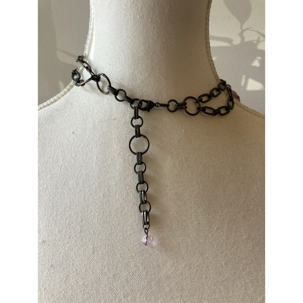 Pink & Purple Lucite Charm Necklace Gunmetal Multi Chain Whimsical Fairy Dangle‎